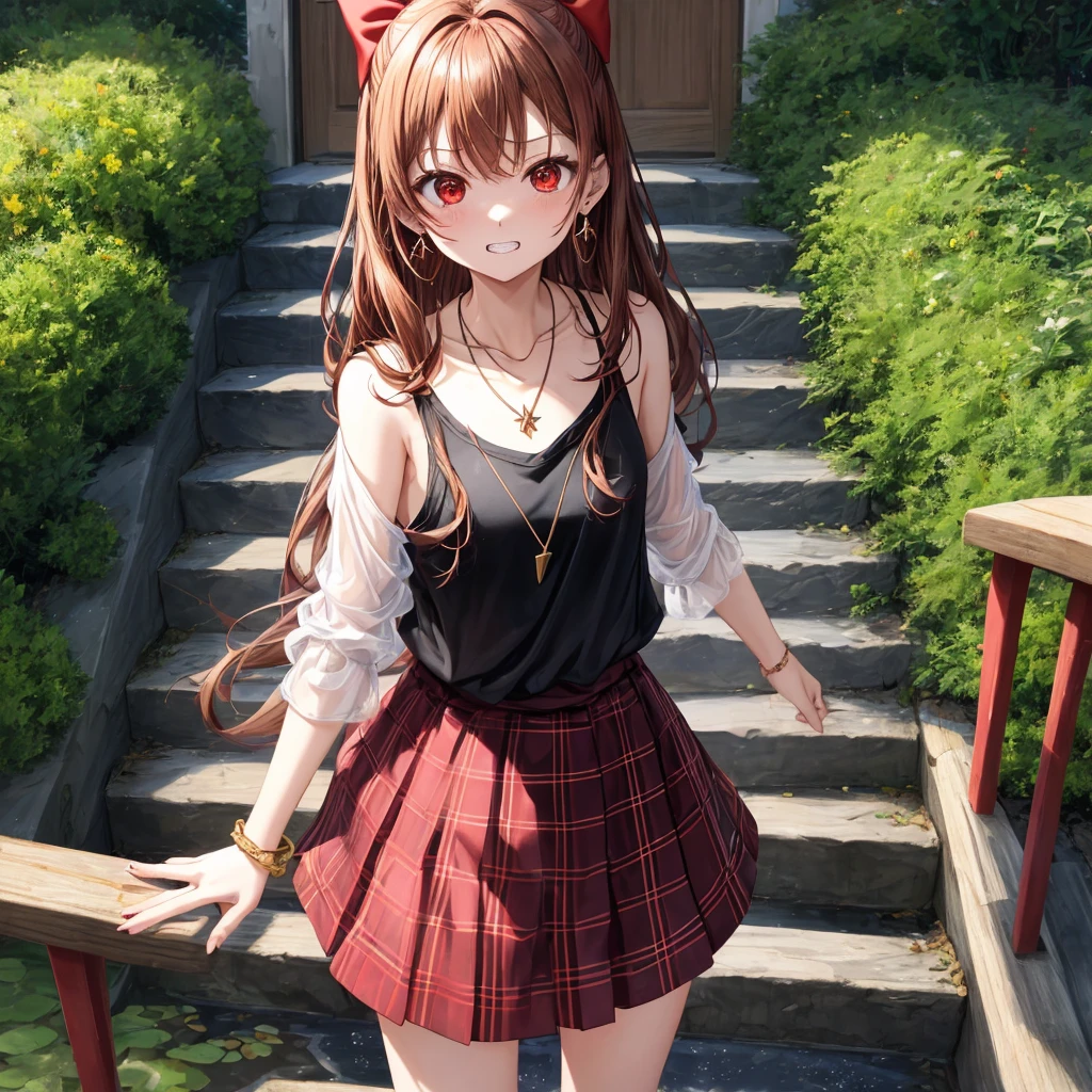 reddish-brown golden hair、red eyes、one good looking girl、solo、anime、plaid mini skirt、black camisole、black t-shirt、hoodie、wearing a ribbon、ribbon at waist、crystal earrings、jewelry necklace、Light and shadow、tilting one&#39;s face、teeth are visible、pillar、evil looking face、Kuroko、Diamond dust、grassland、Water running down the stairs、overflowing、Ants are walking