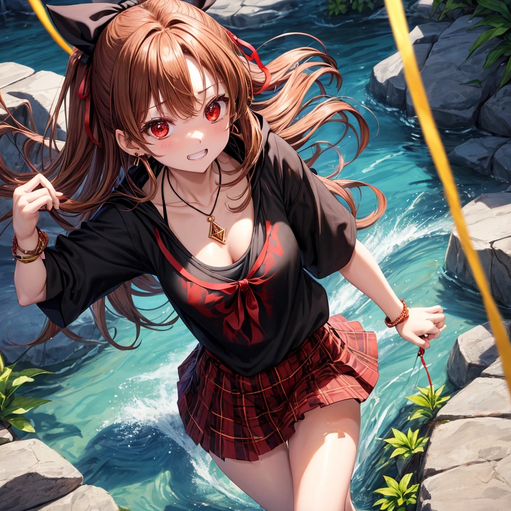 reddish-brown golden hair、red eyes、one good looking girl、solo、anime、plaid mini skirt、black camisole、black t-shirt、hoodie、wearing a ribbon、ribbon at waist、crystal earrings、jewelry necklace、Light and shadow、tilting one&#39;s face、teeth are visible、pillar、evil looking face、Kuroko、Diamond dust、grassland、Water running down the stairs、overflowing、Ants are walking