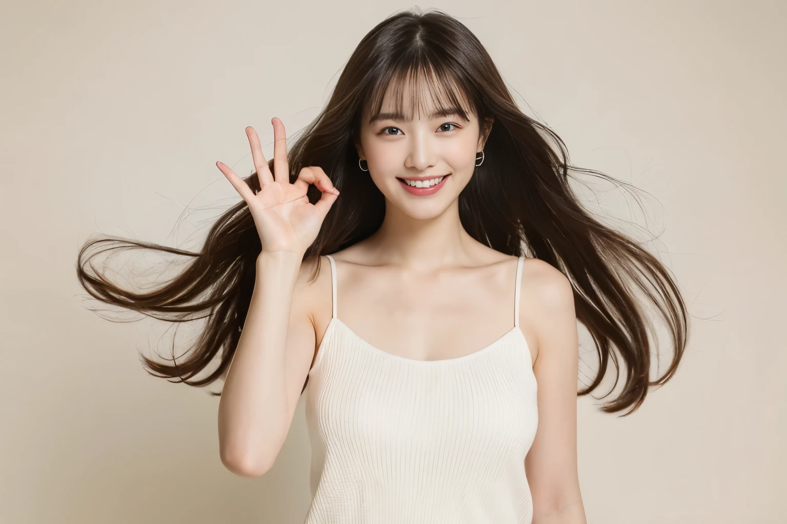 (highest quality, 8K, masterpiece: 1.3)), concentrated: 1.2, perfect body beauty: 1.8, ((best quality)), ((masterpiece)), (detailed), perfect face,real face、A woman with a bouncy smile、smile with visible teeth、ID photo、white camisole dress、Upper body、white background、studio、small breasts、No face tilt、Natural whitened skin, long hair、delicate fingers