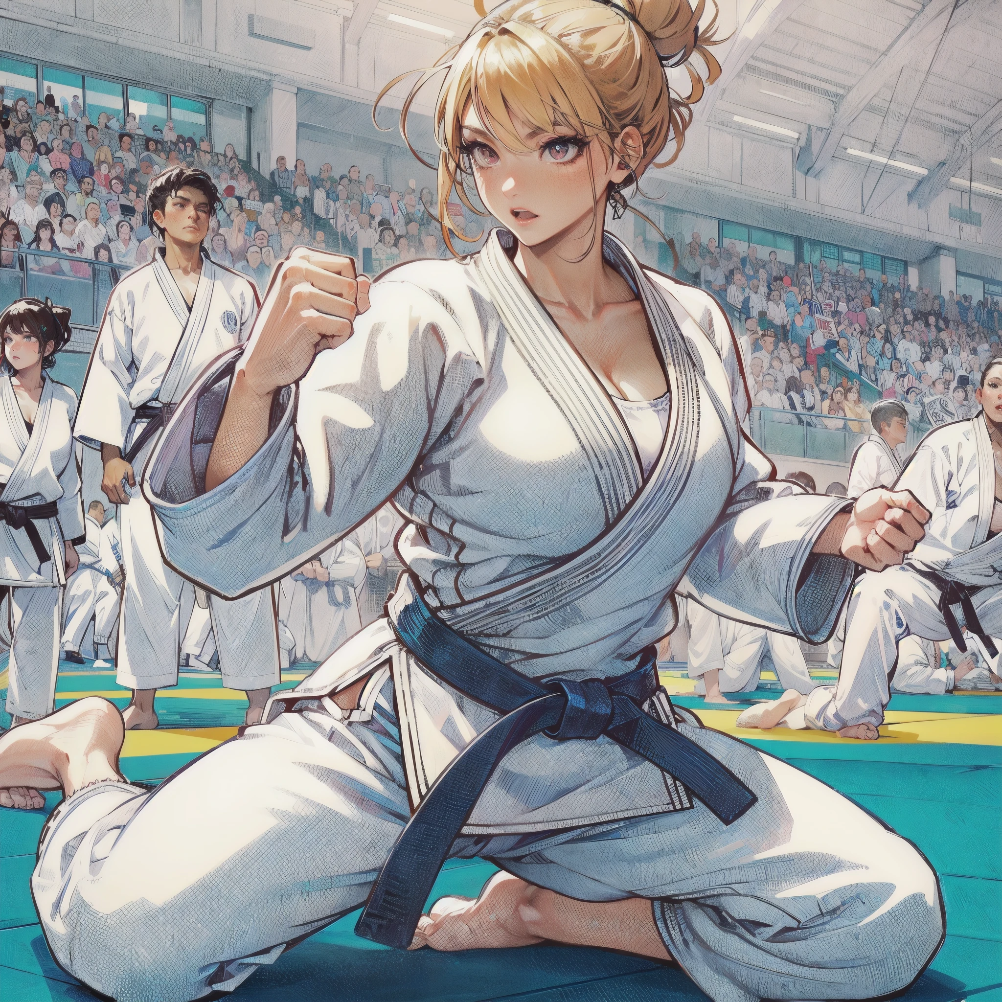 high quality,HD,16k,sharp lines,1 girl,Female judo athlete ,cute face, large breasts, nice legs,At the judo venue,focus girl,detailed beautiful face,detailed clothes,beautiful eyes,cool,dynamic angle