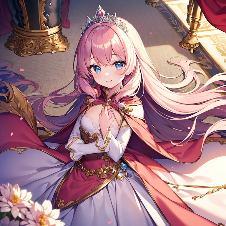 (kawaii),(best quality),(ultra detailed),(rococo style),(long train pastel pink cape:1.15), very long cape,(long train white ball gown with flower decorations:1.1), a girl is wearing a cape over her gown,(she has a western style fan:1.05), 1 little princess, tiara, smile, very long hair, small breasts, beautiful detailed eyes, beautiful detailed lips