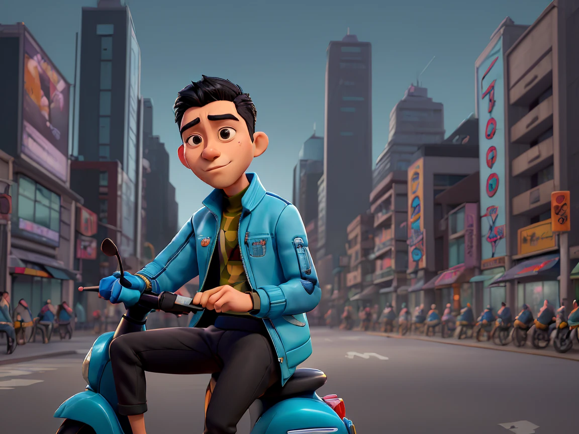 arafed man sitting on a scooter in a city street, style of ade santora, photoshoot, inspired by Rudy Siswanto, inspired by Oka Yasutomo, photo portrait, in style of lam manh, darren quach, henry ascensio, wearing a turtleneck and jacket, wearing blue jacket, streetwear, profile shot, mid shot portrait