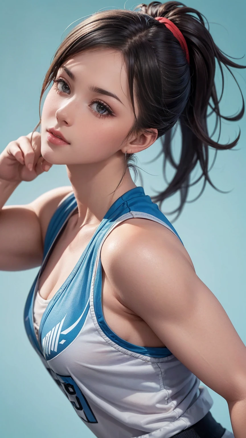 ((最high quality, 8K, masterpiece: 1.3, Ultra HD, high quality, 最high quality, High resolution, realism)) 、(high color saturation:1.0), (highly detailed skin), (最high quality:1.0), (超High resolution:1.0) ,(realistic:1.0), (Super detailed:1.0), (8K, Raw photo:1.1), slender、Slender, muscular body that's toned like an athlete's、street fighter chun li、Pastel blue background
