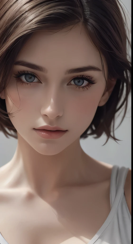 8k uhd、RAWphotograph、モデルphotograph撮影、Russian Race, European race, (masterpiece, highest quality, photorealistic, High resolution, photograph: 1.3), Close-up, Focusing, hot models, slim, 30 year old mature woman、small face、short cut hair、dark brown hair、Detailed beautiful eyes、realな肌, (perfect body), Sexy hot face, erotic, sexual gaze, slim, Sweat top, Detailed beautiful eyes、glossy lips、small breasts、、bust B cup、((bright light、dynamic lighting、real、超real、 realism、realistic details、Cool Beauty、cool pose、background gray、Plain gray background
