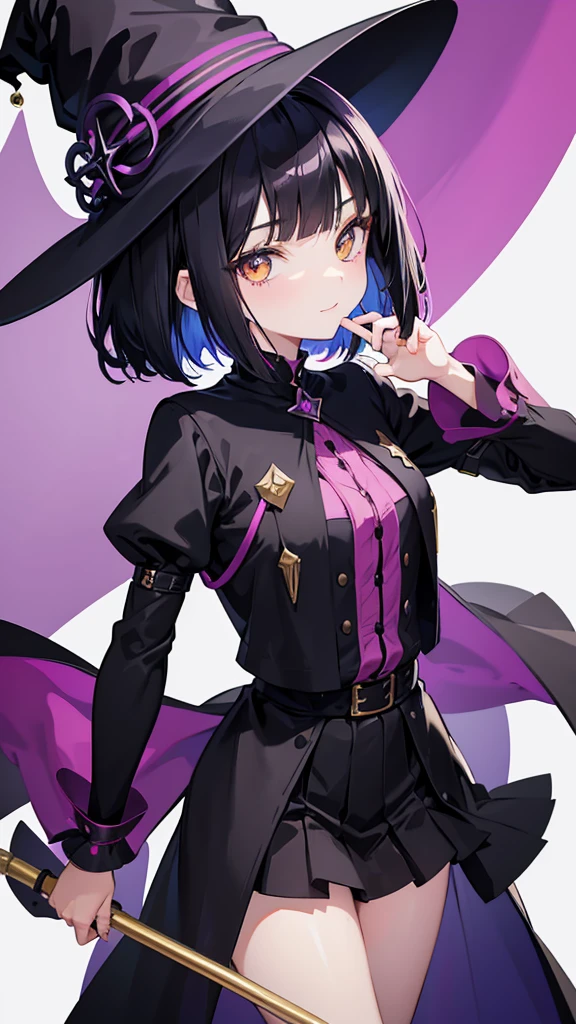 Witch's outfit, Anime-style portrait of a teen-ager girl with a deep violet bob cut, (Golden eyes), bright eyes, baby-faced, eye contact with the camera, subtle smile, minimalistic background to emphasize character, high contrast, clean lines, digital painting, vivid colors