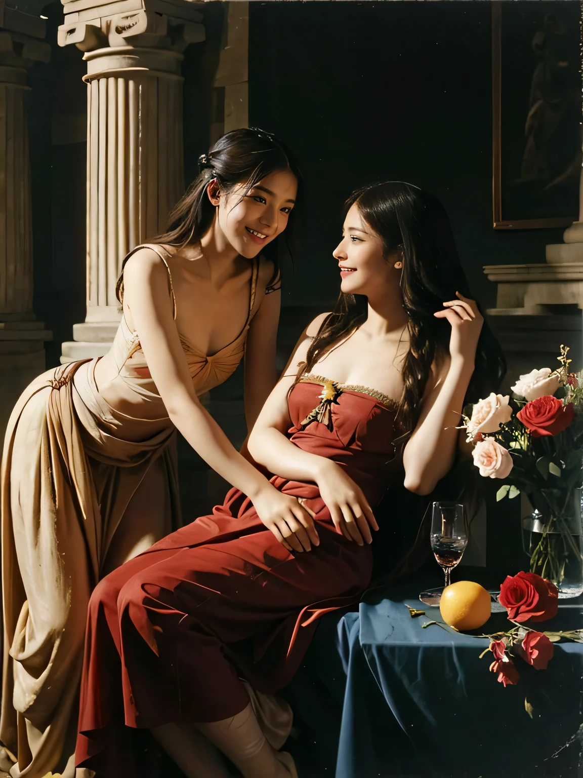 full body portrait or statue、Giorgione painting style,Arguments of two female Philosophe,math、astronomical machine、astronaut、roses in vase、fruits、Cute trinkets、smile、ancient greek costume、Ancient Roman landscape in the style of Nicolas Poussin,laughter,,Sweet and seductive appearance.、Caravaggio's paintings、Chiaroscuro of Caravaggio、hair tousled by the wind,Two women frolicking,cute smile, expression of ecstasy,Sexy,erotic
