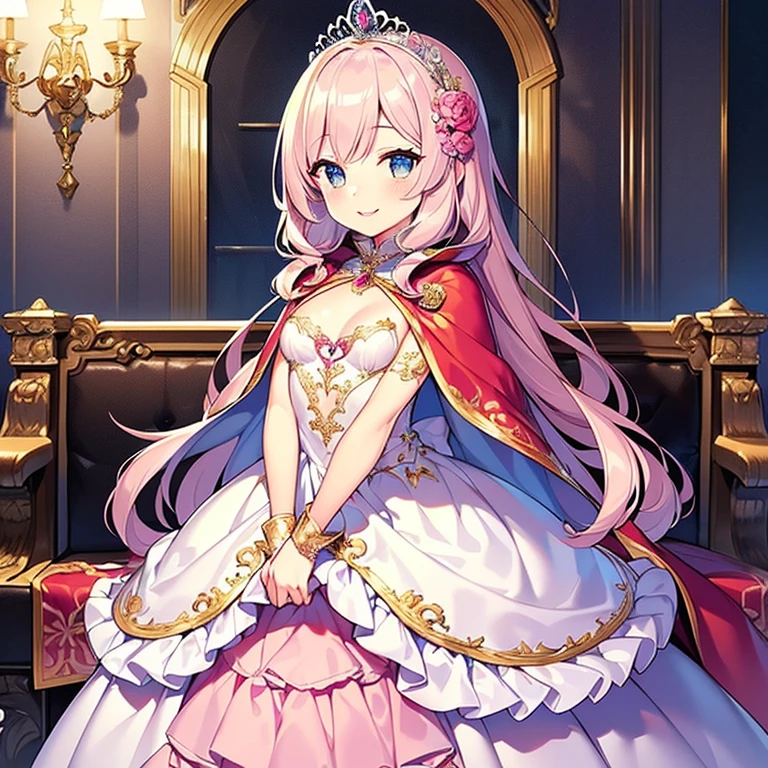 (kawaii),(best quality),(ultra detailed),(rococo style),(long train pastel pink cape:1.15), very long cape,(long train white ball gown with flower decorations:1.1), a girl is wearing a cape over her gown,(she has a western style fan:1.05), 1 princess, tiara, smile, very long hair, small breasts, beautiful detailed eyes, beautiful detailed lips