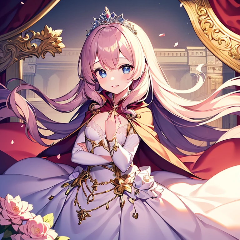 (kawaii),(best quality),(ultra detailed),(rococo style),(long train pastel pink cape:1.15), very long cape,(long train white ball gown with flower decorations:1.1), a girl is wearing a cape over her gown,(she has a western style fan:1.05), 1 little princess, tiara, smile, very long hair, small breasts, beautiful detailed eyes, beautiful detailed lips