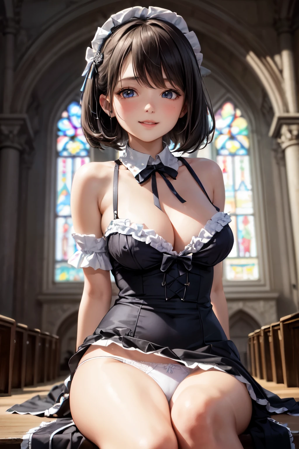 very cute and beautiful girl,(highly detailed beautiful face), (smile),blush,black hair,looking at viewer,(floral pattern blue ta dress with detailed frills),detailed lace, sitting,spread legs,arms behind back,(laced white panties), altar,church,indoors, (best quality,masterpiece:1.0),absurdres,highres,ultra-detailed,extremely detailed,32k,8k resolution, intricate details,cinematic scene,detailed background,solo,dynamic angle,