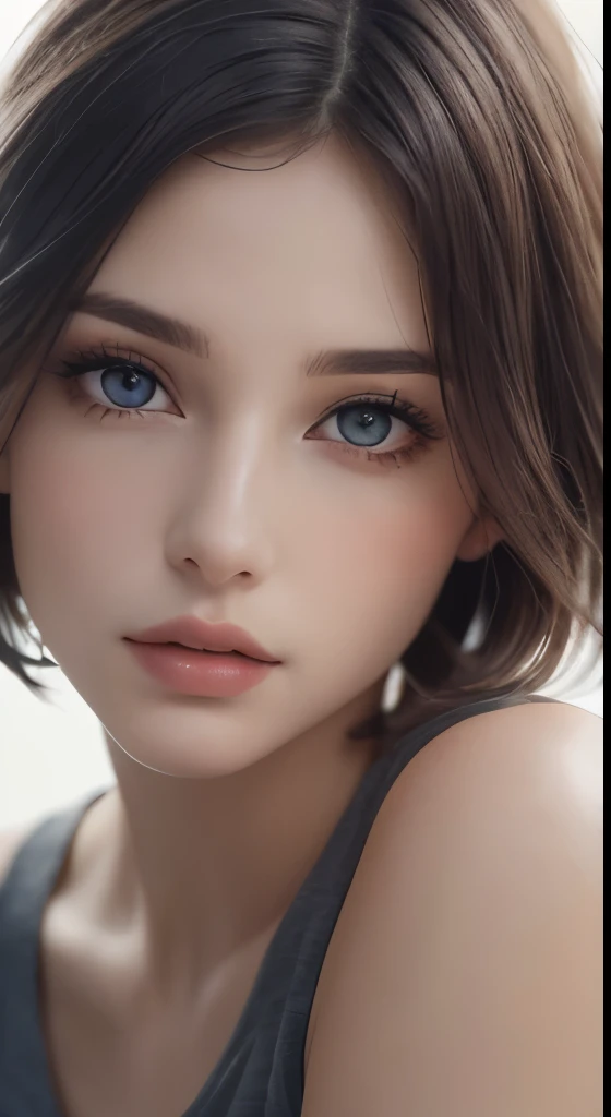 8k uhd、RAWphotograph、モデルphotograph撮影、Russian Race, European race, (masterpiece, highest quality, photorealistic, High resolution, photograph: 1.3), Close-up, Focusing, hot models, slim, 30 year old mature woman、small face、short cut hair、dark brown hair、Detailed beautiful eyes、realな肌, (perfect body), Sexy hot face, erotic, sexual gaze, slim, Sweat top, Detailed beautiful eyes、glossy lips、small breasts、、bust B cup、((bright light、dynamic lighting、real、超real、 realism、realistic details、Cool Beauty、cool pose、background gray、Plain gray background