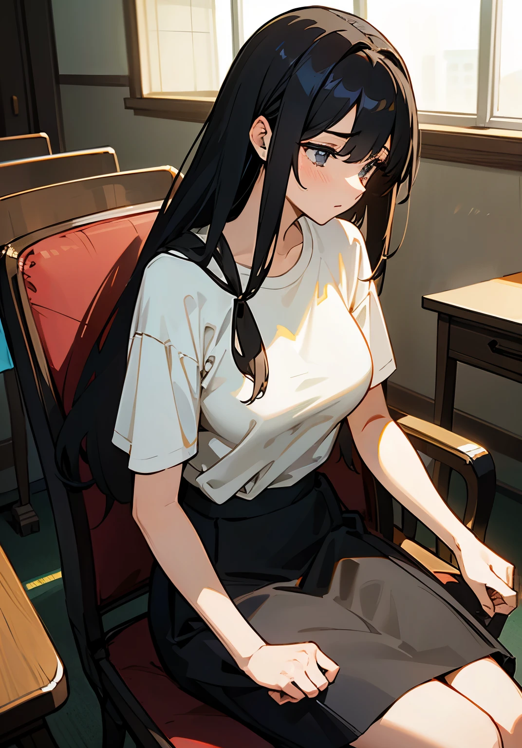 {best quality},lecture room、long black hair、woman、Large beautiful breasts、oversized t-shirt、skirt、sit in a chair 、Leaning your elbows on the desk、Pensive、looking away from the camera、Side view、cowboy shot