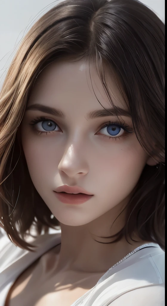 8k uhd、RAWphotograph、モデルphotograph撮影、Russian Race, European race, (masterpiece, highest quality, photorealistic, High resolution, photograph: 1.3), Close-up, Focusing, hot models, slim, 30 year old mature woman、small face、short cut hair、dark brown hair、Detailed beautiful eyes、realな肌, (perfect body), Sexy hot face, erotic, sexual gaze, slim, Sweat top, Detailed beautiful eyes、glossy lips、small breasts、、bust B cup、((bright light、dynamic lighting、real、超real、 realism、realistic details、Cool Beauty、cool pose、background gray、Plain gray background