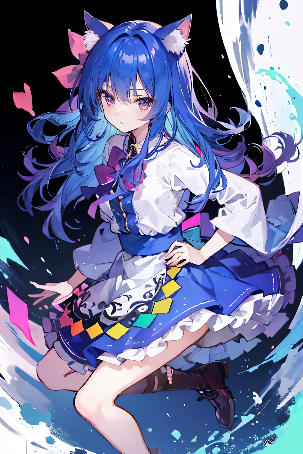 (masterpiece),best quality, expressive eyes, perfect face, 1girl,
Put your hands on your waist,fair, Gorgeous,Japanese cartoons,girl,lola,Hina Angel, blue hair, blue haired, floating clothes,Grab your waist, Grab your waist, hands on hips , hands on hips,sit, sit on ground, Legs on the ground, flat chest,cat ears,