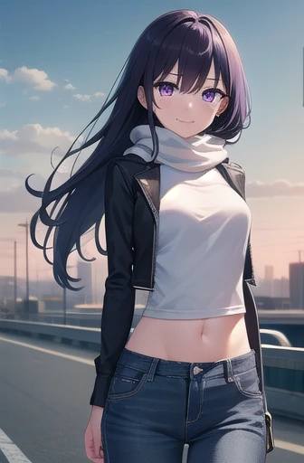 long hair, black hair, (purple eyes:1.3), hair between eyes, cute face, smile, blush, hair drills
BREAK jeans, zipped jacket, thight white shirt, scarf, arm warmers, arms crossed, midriff peek
BREAK sky, clouds, road, asphalt
BREAK looking at viewer, wind, wind blowing
BREAK (masterpiece:1.2), best quality, high resolution, unity 8k wallpaper, (illustration:0.8), (beautiful detailed eyes:1.6), extremely detailed face, perfect lighting, extremely detailed CG, (perfect hands, perfect anatomy)