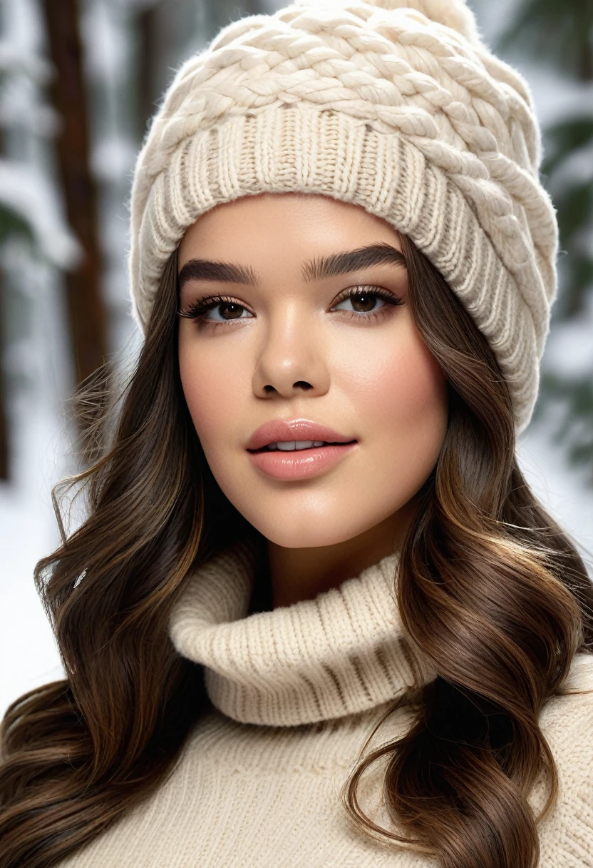 Hailee Steinfeld, gorgeous woman, long wavy hair, wearing a tight wool turtleneck sweater, a bonnet on the head, tight Freddy leggings, Ugg boots, 30 years old, she is a playboy magazine model, sexy poses in snowy forest, ruffled lips, flirtatious smile, happiness, perfect fit body, extremely detailed, masterpiece, intricate details, highly detailed, sharp focus, detailed skin, realistic skin texture, texture, detailed eyes, high resolution, kodak vision color, foto_\(ultra\), post-processing, maximum detail, roughness, real life, ultra realistic, photorealism, photography, absurdres, RAW photo, highest quality, high detail RAW color photo, professional photo, extremely detailed UHD 8k wallpaper unit, best quality, highres, (masterpiece, top quality, high resolution:1.4), photo, cinematic, film grain, sharp, soft natural light, magic photography, super detailed, intimate composition