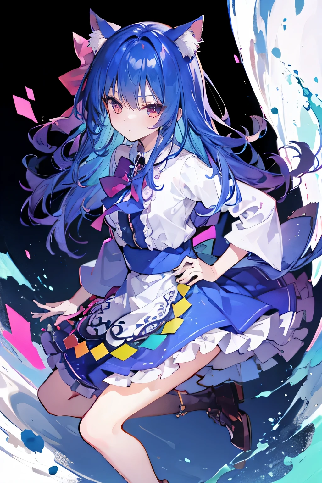 (masterpiece),best quality, expressive eyes, perfect face, 1girl,
Put your hands on your waist,fair, Gorgeous,Japanese cartoons,girl,lola,Hina Angel, blue hair, blue haired, floating clothes,Grab your waist, Grab your waist, hands on hips , hands on hips,sit, sit on ground, Legs on the ground, flat chest,cat ears,