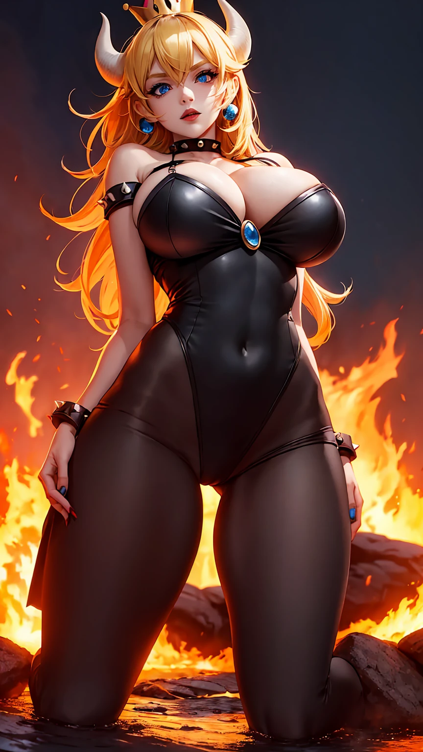((high detailed, best quality, 4k, masterpiece, hd:1.3)), ((best quality)), (((HD))), (((8k))), (ultraDH), (ultra HD), Princess Daisy, blue eyes, BREAK blue eyes, seductive, attractive, smooth anime cg art, 36C breasts, long legs, vivid colors, detailed digital art, slim body, perfect skin, dark blonde hair, long hair, blonde hair, blonde hair, BREAK crown, cleavage, 36C cleavage, looking at viewer, BREAK looking at viewer, extremely detailed face, red santa suit, red santa claus suit, santa claus suit, earrings, gem, dark black makeup lips, dark gothic eyeshadows, dark eyeshadows, black eyeshadows, black sexy lips, black lips, (dark:1.2), dark lips, very dark lips, (perfect hands, perfect anatomy), black makeup, black medium lips, black thick lips, detailed fingers, five fingers per hand, 5 fingers, (1 girl), detailed lips, detailed black lips, black painted lips, gothic painted lips, BREAK night, night sky, (breast focus), (arms outstreched:1.2), (from above:1.1), (breasts out:1.3), (off shoulder:1.1), (white horns), (bra with straps), inside a lava castle, she inside a sea of lava, she bathing in lava, full body, perfect long legs, perfect foots, legs and foots into the lava, (((gigantic breasts)))