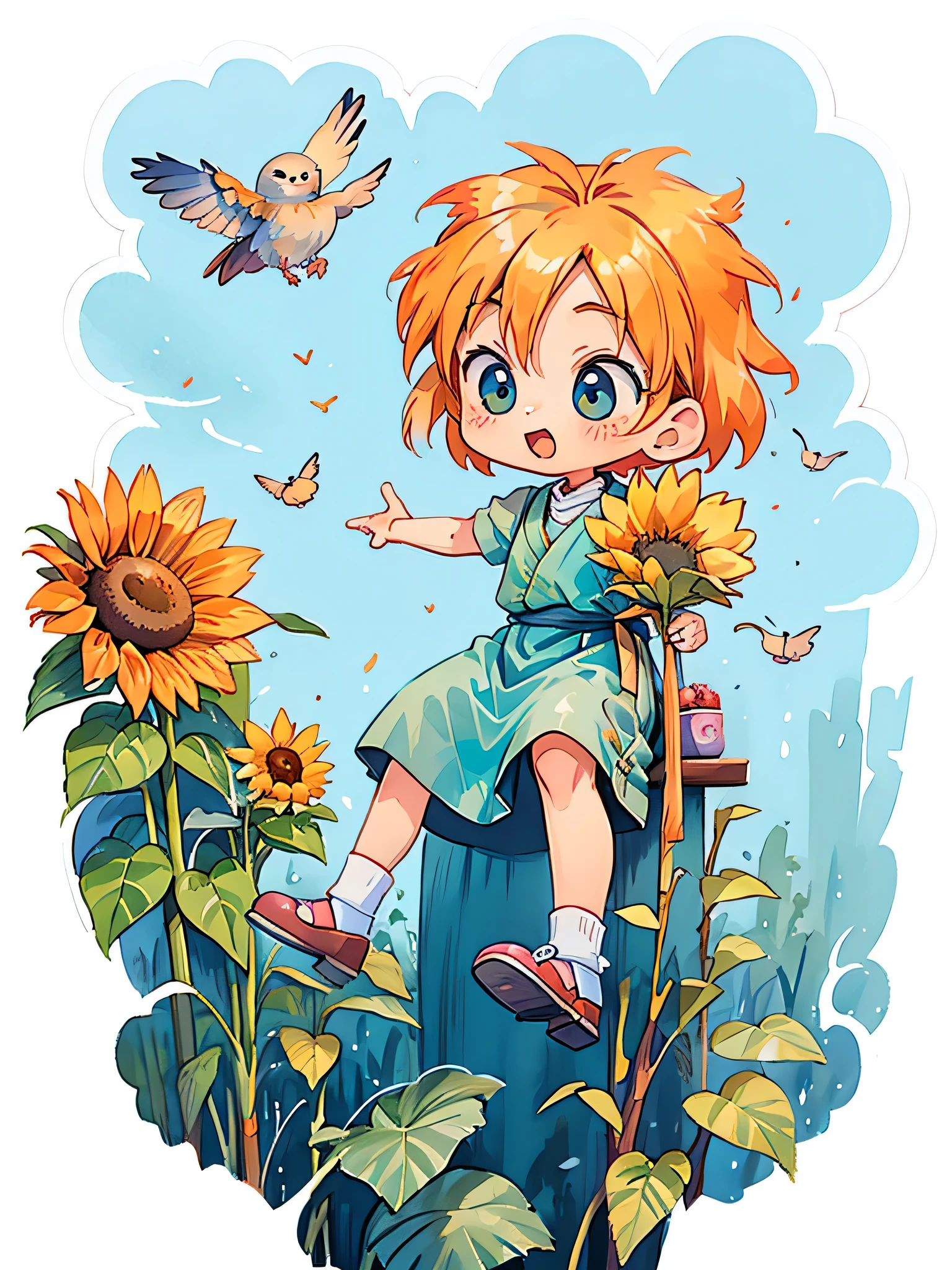 akira toriyama style, Kawaii Design, most beautiful girl ever、Chibi, sunflower、birdie、