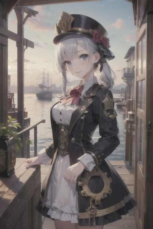 (high resolution、high quality、masterpiece)、steampunk、null飛ぶ船、steel frame、gear、girl、cute。smile、null