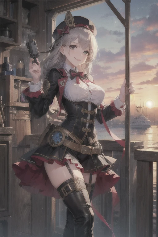 (high resolution、high quality、masterpiece)、steampunk、null飛ぶ船、steel frame、gear、girl、cute。smile、null