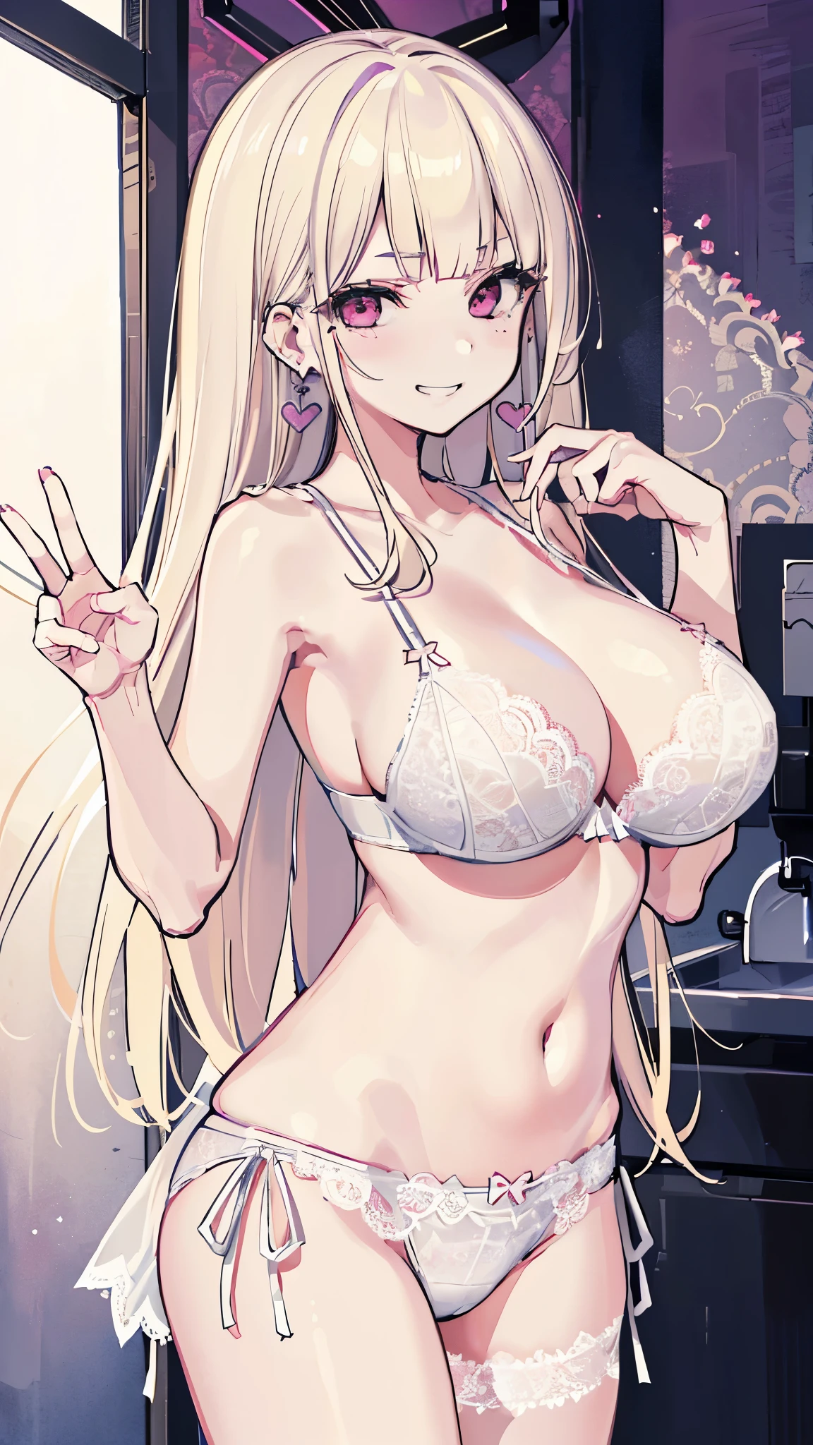 (8K、Highest image quality、highest quality、masterpiece)、detailed face、 1 girl、nakamura misaki (nanae), light blonde hair, blunt bangs, long hair, pink eyes, heart shaped earrings, mole under eye、evil smile、((grin))、big breasts、((white lace bra))、((white lace panties))、cowboy shot、washroom background