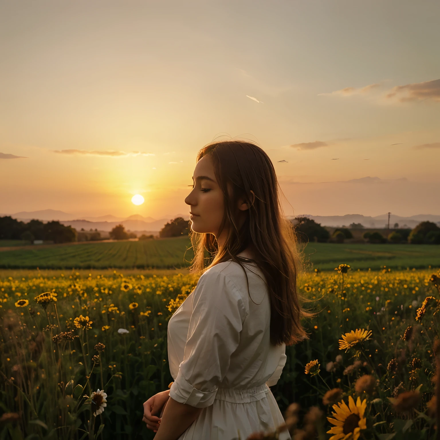 create an image of a field with the setting sun with beautiful flowers that conveys peace and lightness to the soul