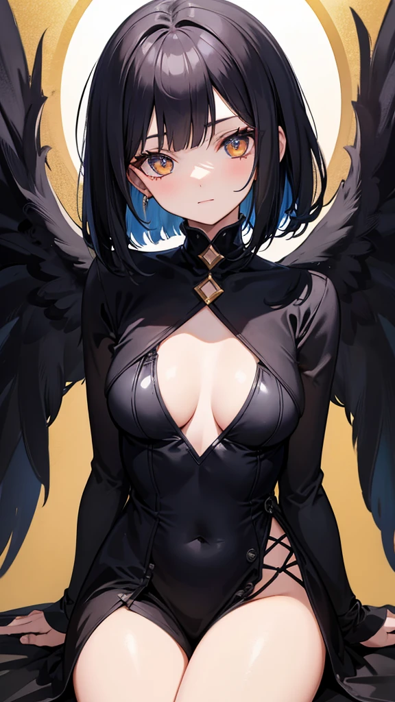 Black Witch's outfit, Anime-style portrait of a -ager girl with a deep violet bob cut, (Golden eyes), bright eyes, baby-faced, eye contact with the camera, subtle smile, minimalistic background to emphasize character, high contrast, clean lines, digital painting, vivid colors