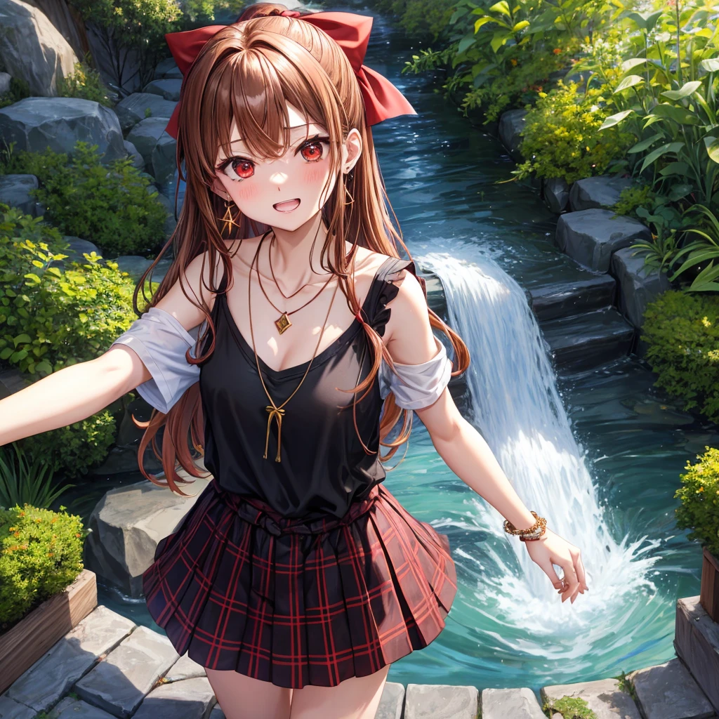 reddish-brown golden hair、red eyes、one good looking girl、solo、anime、plaid mini skirt、black camisole、black t-shirt、hoodie、wearing a ribbon、ribbon at waist、crystal earrings、jewelry necklace、Light and shadow、tilting one's face、teeth are visible、pillar、evil looking face、Kuroko、Diamond dust、grassland、Water running down the stairs、overflowing、Ants are walking