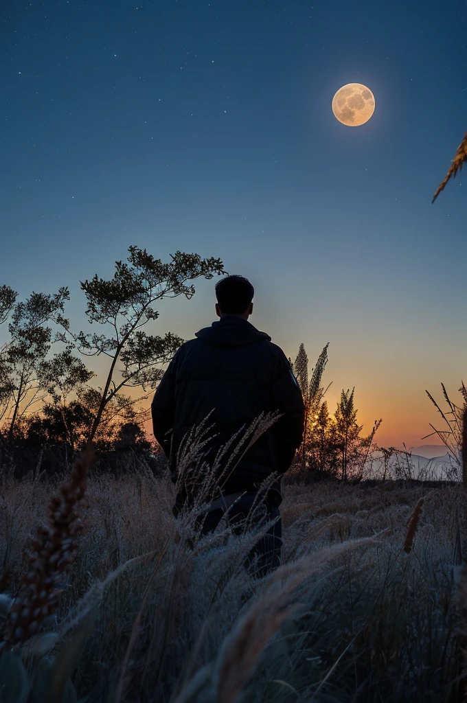 highest quality,big moon and shadow,A silhouette of a person can be seen against the background of the big moon.,There is one full moon,There is a mood,beautiful scenery,starry sky