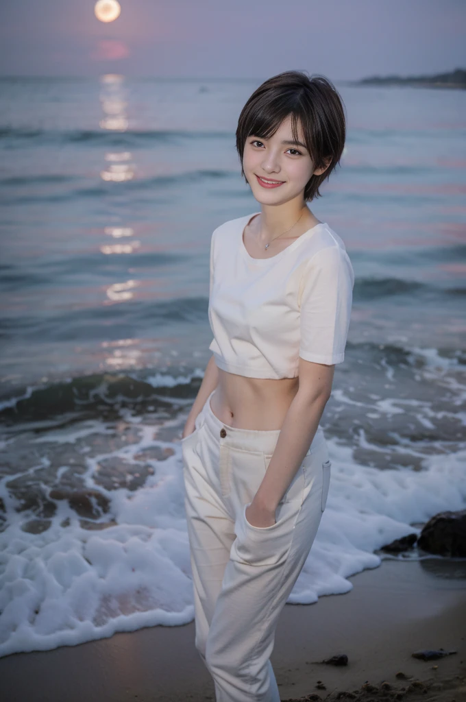 17 year old beautiful girl、Highest image quality、realistic、16K、beautiful woman、pixie cut、With bangs、Pretty slim、WhiteＴshirt、thin waist、Tight chinos、on the beach at night、panoramic、Full body figure、barefoot、smile、full moon、Bathed in moonlight