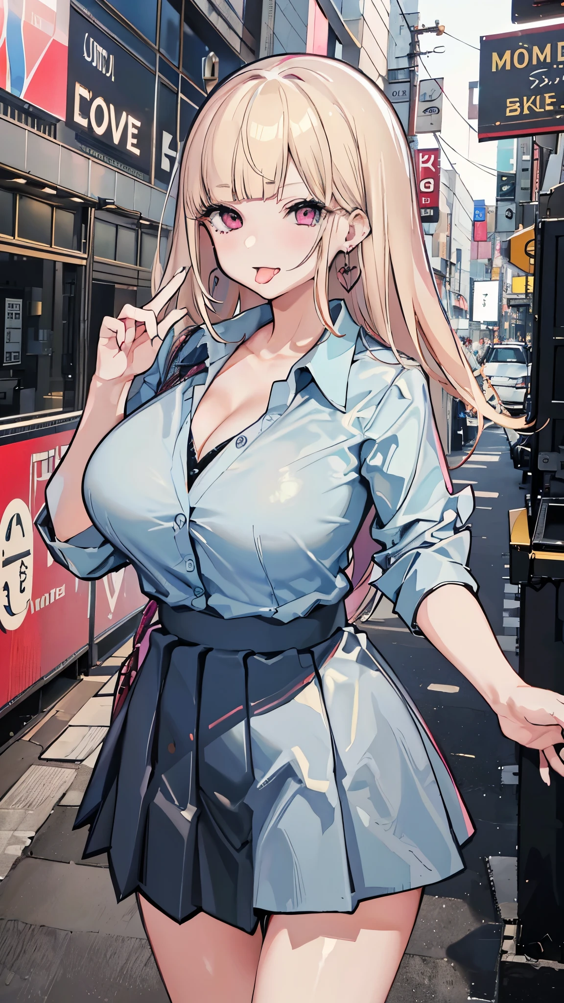 (8K、Highest image quality、highest quality、masterpiece)、detailed face、 1 girl、nakamura misaki (nanae), light blonde hair, blunt bangs, long hair, pink eyes, heart shaped earrings, mole under eye、evil smile、((Open your mouth and extend your tongue))、big breasts、((Light blue collared shirt))、((cleavage))、((black pleated skirt))、((miniskirt))cowboy shot、lovehogai, scenery, japan