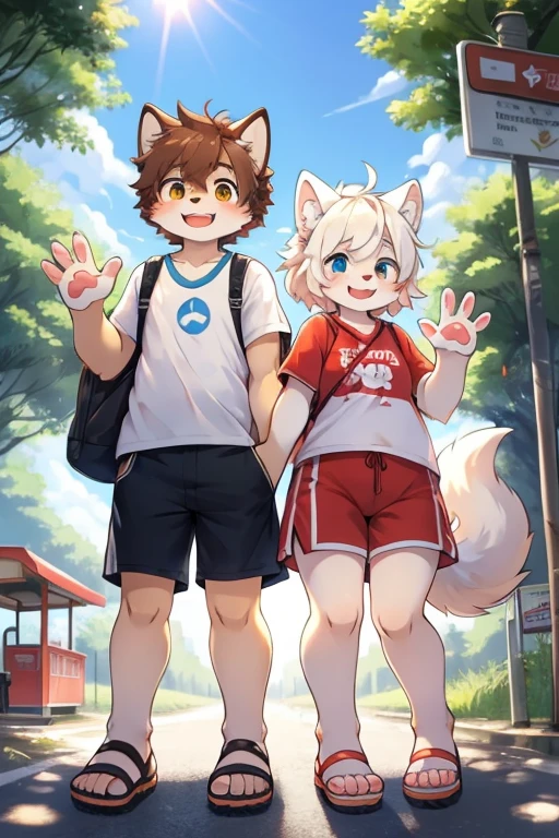 Masterpiece Panoramic front view Two white wolves White wolves in red and white Teenagers boy and girl Fat with exposed bellies Boy has brown hair Girl has white hair White triangle shorts Black sandals Standing at the edge of the forest Eating at the bus stop Two fat white wolves standing together Waving with their paws with pink pads Morning sun