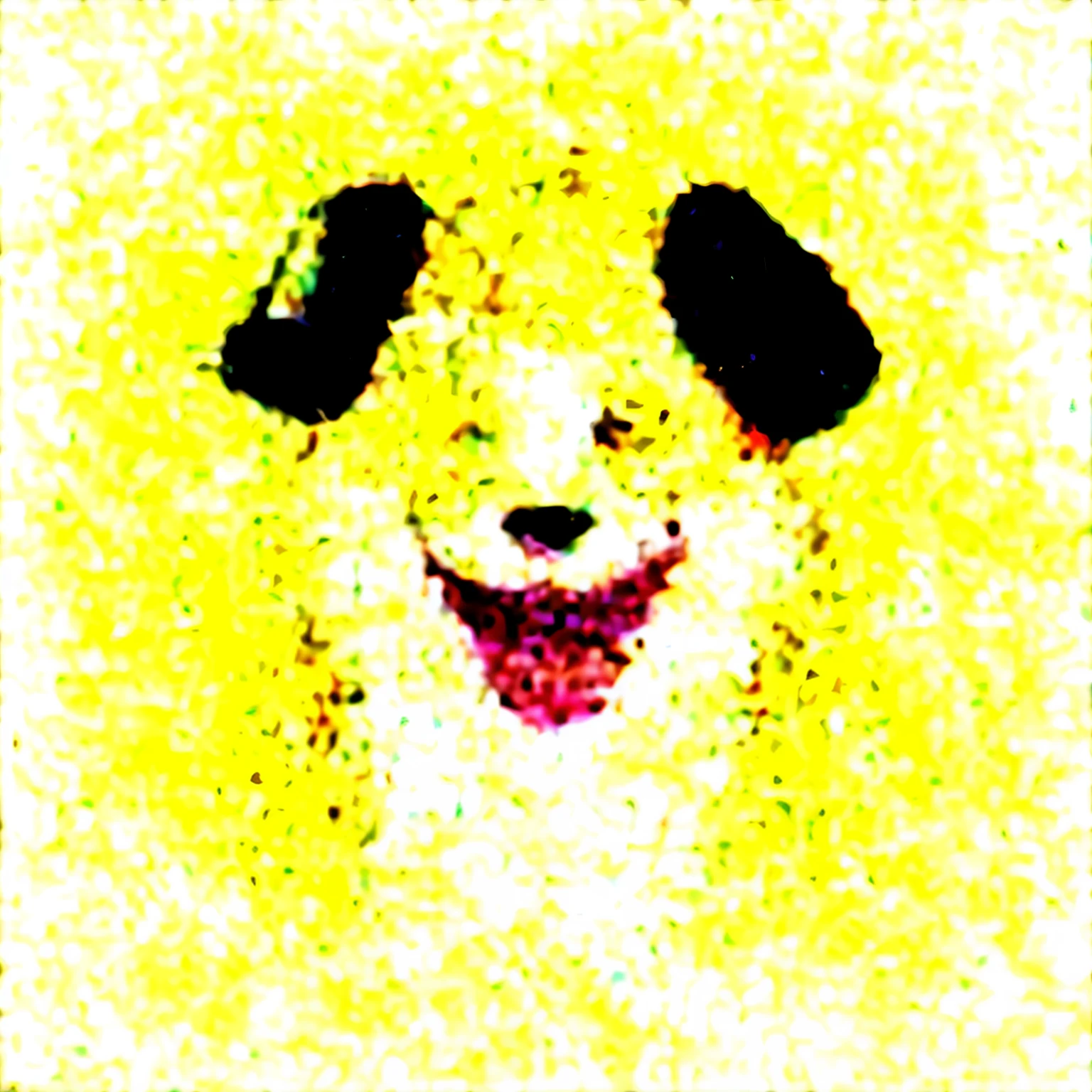 (Furry) (Cores com foco no amarelo e marrom) (Olhos verdes claros) (Masculino) (Happy expression with open mouth) (Pinkish red tongue) (dentes branco) (It's a Dalmatian) (Foco em ser fofo) (Bem peludo) (cabelo branco) (orelhas marrom) (focinho preto) (usa uma focinheira no rosto) (tem um brinco prateado na orelha). Um furry, dalmata, fofo, masculino, com corpo grande e formoso.