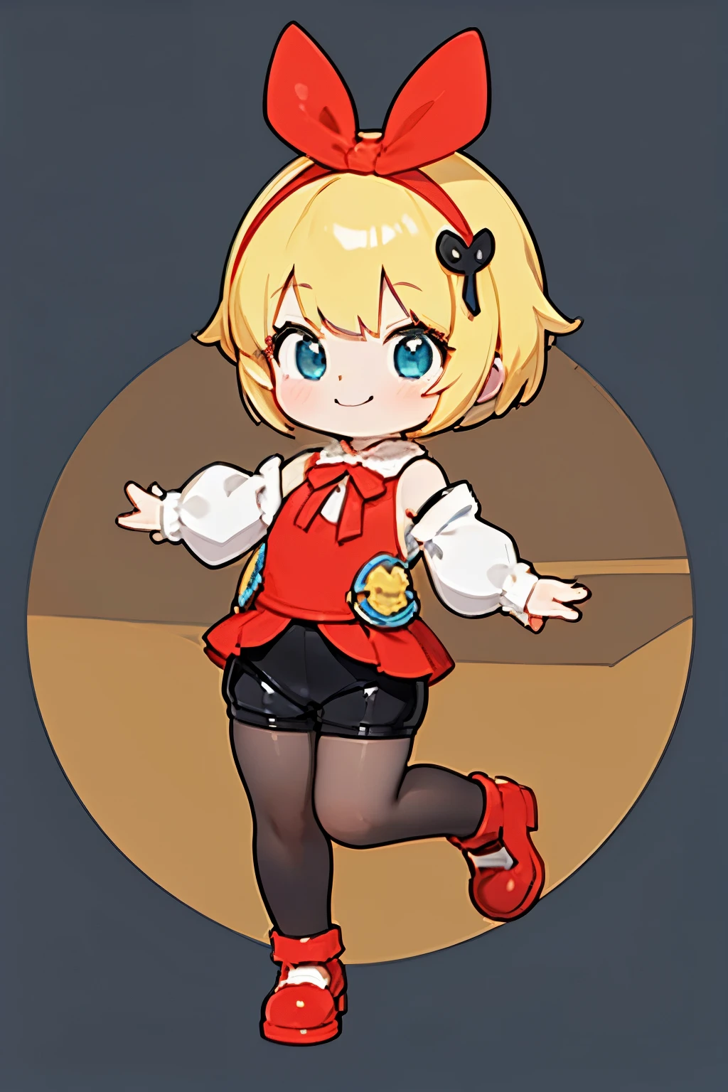 A girl with impressive blonde hair、hair ornaments、short bob、black pantyhose、No sleeve、hot pants、smile、Cute shoes with accessories、red hair band、dynamic pose