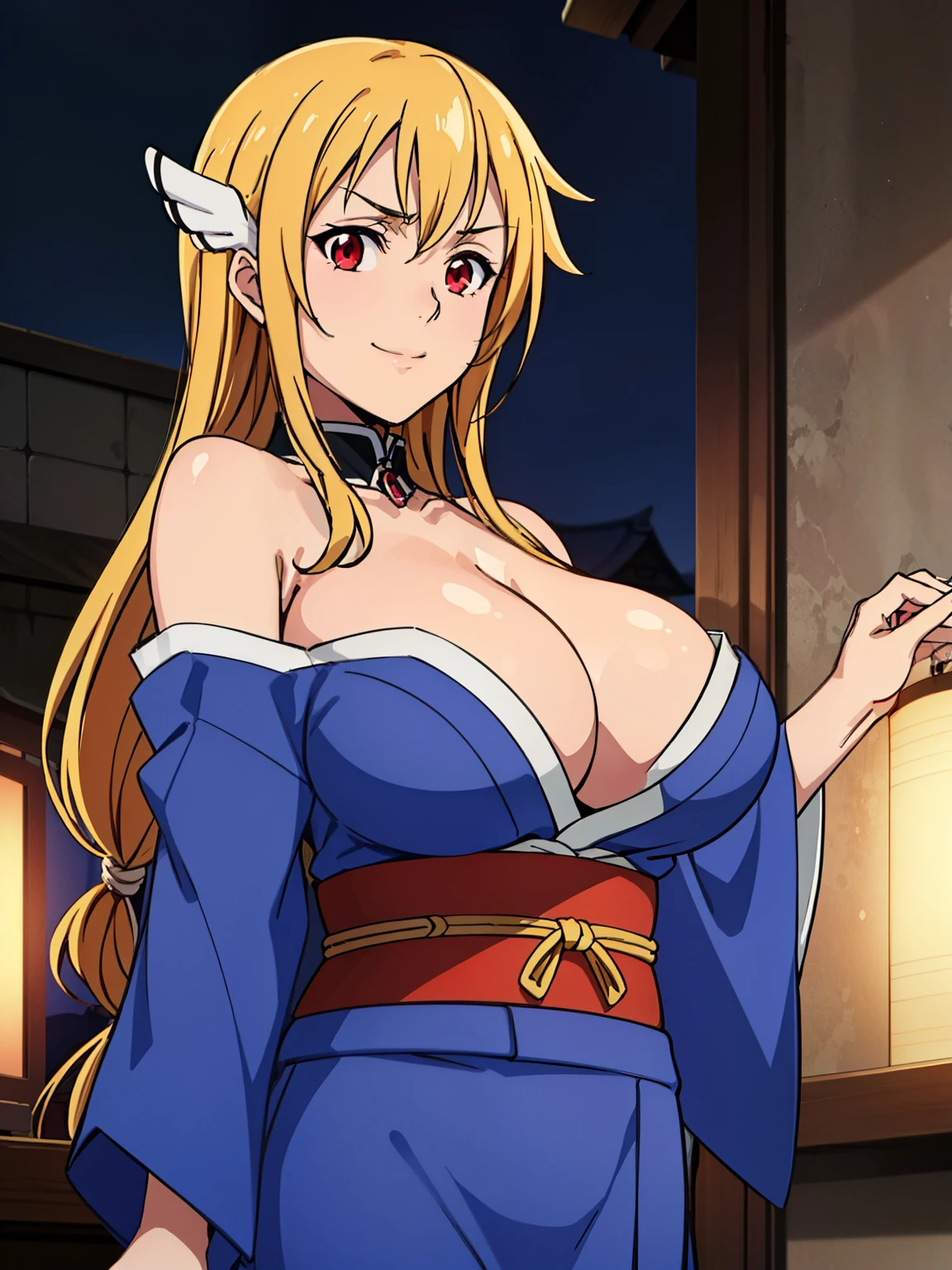 hand holding kibidango, gold boots, blue kimono, night time, japanese lampion, crowded, (japanese carnaval background), astraea, anime cels style, best quality, high resolution, 1girl, (huge breasts:1.2), beautiful face, blonde hair, long hair, (red eyes:1.5), cowboy shot, light smile