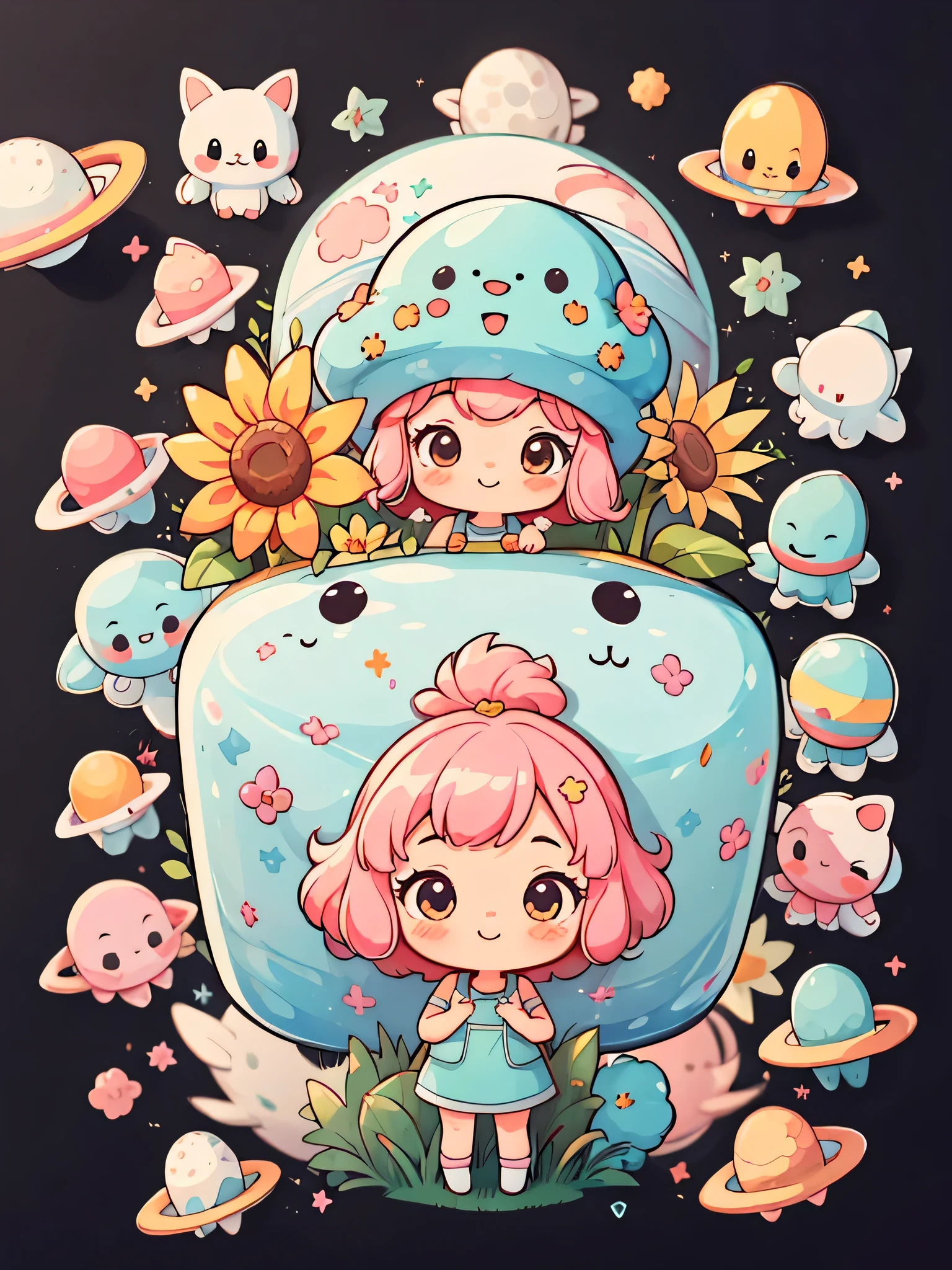 Momoko Sakura style、sticker,1 girl,(((Chibi)))、The background is space,pink hair,bob hair,sunflower,best smile、Cute alien