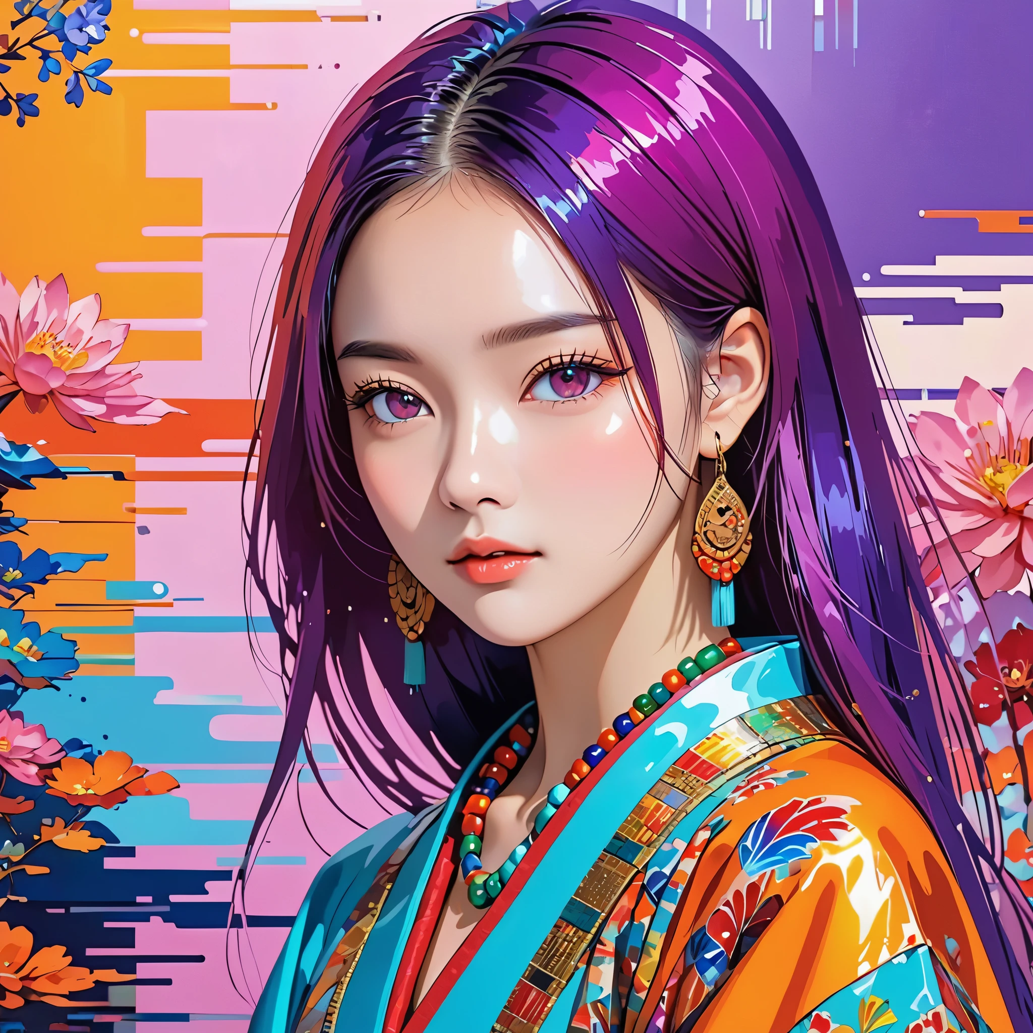 (Ridiculous, high resolution, Super detailed), (1 girl:1.3), Double tail, purple hair, rest , glitch art, digital distortion, pixelated clip, Data corruption, color noise, visual clutter, contemporary aesthetics rest , Enamel Art, glassy surface, bright colors, glossy finish, Reflective texture, Rich in pigments, fluid forms rest , ethnic style, traditional clothing, Vibrant patterns, handmade textiles, cultural theme, beaded jewelry, handmade accessories