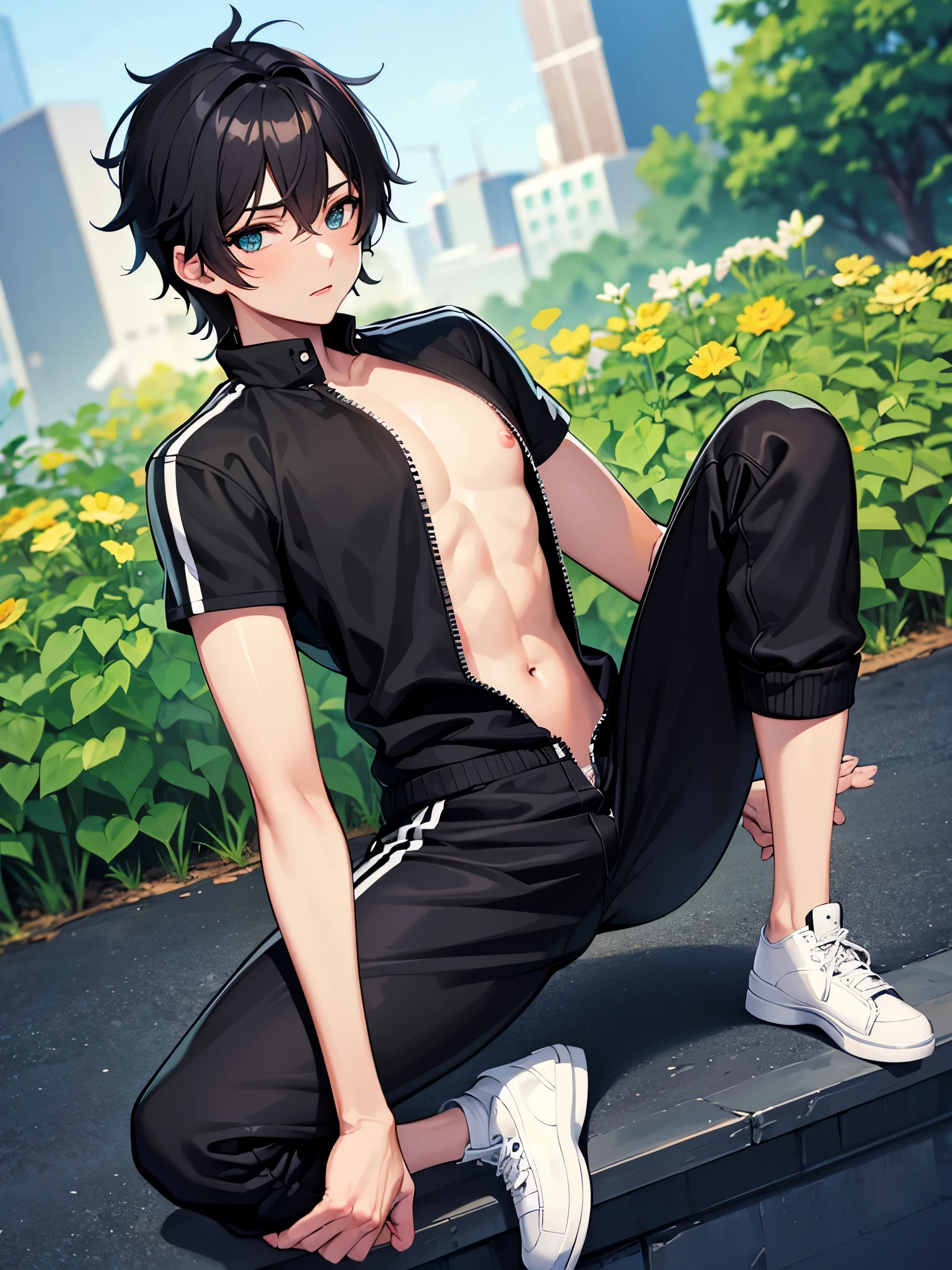 Personaje masculino pelo de tocinos lentes negros sin cristal camisa negra con una ralla azul enel centro y una moto enel centro pantalon verde fuerte y verde claro tenis blanco con negro
