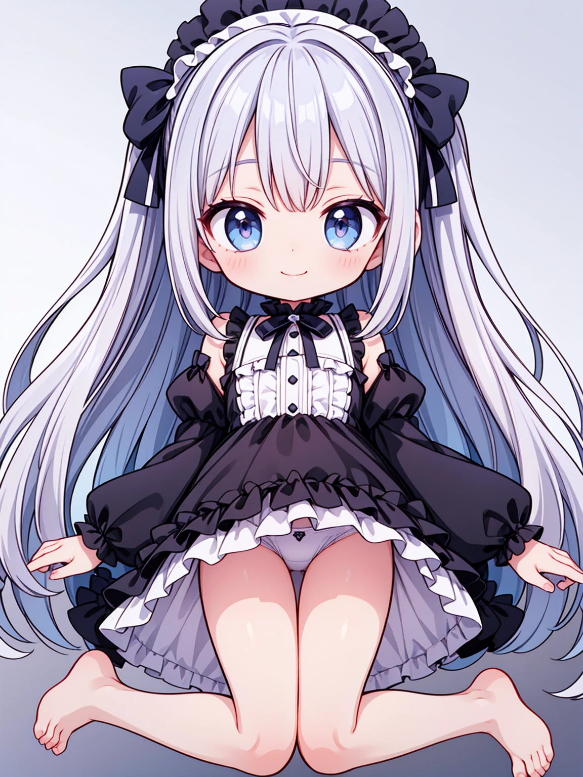 girl、short、big eyes、smile、(((In underwear)))、smooth skin、barefoot、ruffle underwear、lots of ribbons、voluminous frills、pastel colour、lame、shine、detailed、high resolution、8k、Clear lines、clear face