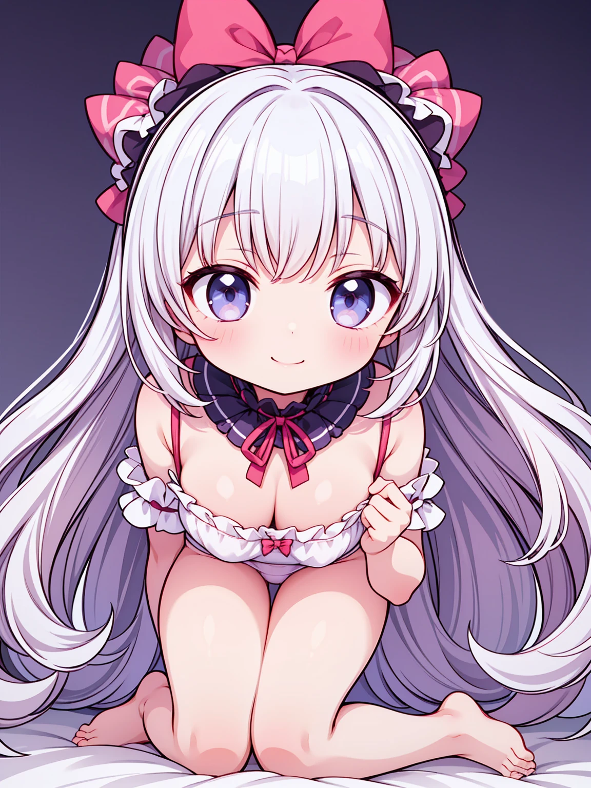 girl、short、big eyes、smile、(((In underwear)))、smooth skin、barefoot、ruffle underwear、lots of ribbons、voluminous frills、pastel colour、lame、shine、detailed、high resolution、8k、Clear lines、clear face