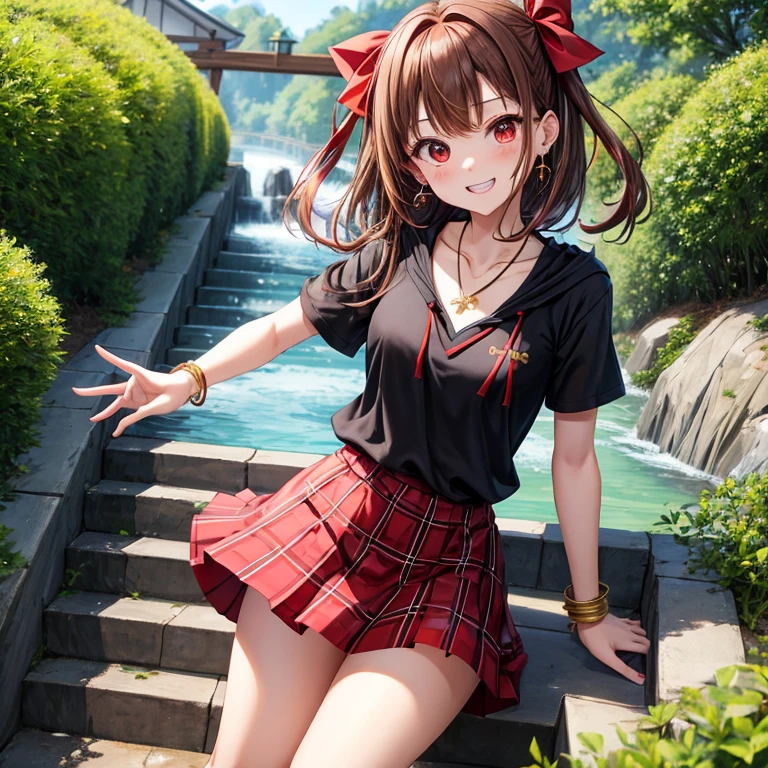 reddish-brown golden hair、red eyes、one good looking girl、solo、anime、plaid mini skirt、black camisole、black t-shirt、hoodie、wearing a ribbon、ribbon at waist、crystal earrings、jewelry necklace、Light and shadow、tilting one's face、teeth are visible、pillar、evil looking face、Kuroko、Diamond dust、grassland、Water running down the stairs、overflowing、Ants are walking