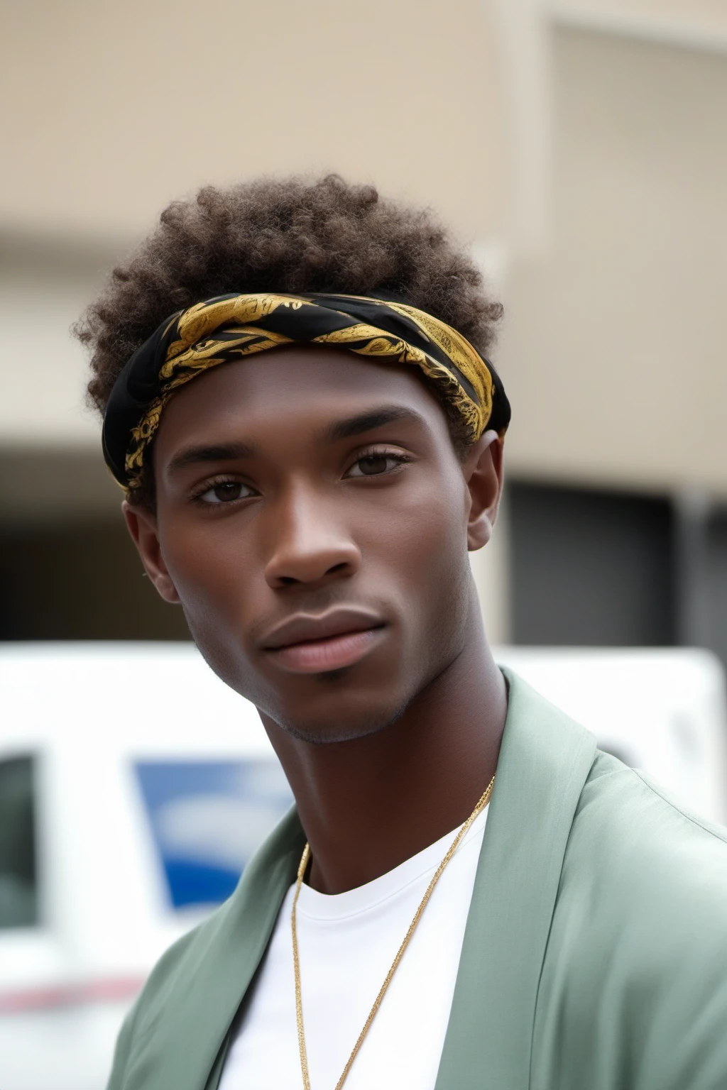 arafed man with a gold headband and a green jacket, east african man with curly hair, brown skinned, wearing a bandana and chain, black man with afro hair, in style of tyler mitchell, dark-skinned, a black man with long curly hair, man is with black skin, dark skinned, adut akech, spiky black hair and dark skin