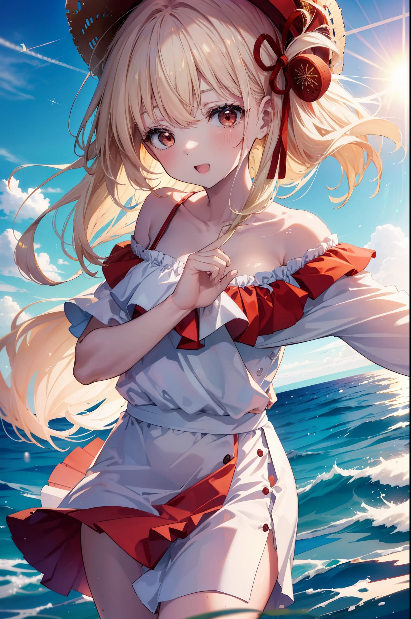 chisatonishikigi, nishikigi chisato,long hair , bangs, blonde hair, (red eyes:1.5), happy smile, smile, open your mouth,big straw hat,off shoulder dress,long skirt,????? neck,bare shoulders,bare clavicle,Grab the skirt with both hands and lift it up,barefoot,beachの砂浜を散歩しながら,風になびくblonde hair, real summer,Light of the sun,
break outdoors,beach ,
break looking at viewer,whole body (cowboy shot:1.5),
break (masterpiece:1.2), highest quality, High resolution, unity 8k wallpaper, (shape:0.8), (fine and beautiful eyes:1.6), highly detailed face, perfect lighting, Very detailed CG, (perfect hands, perfect ???????),