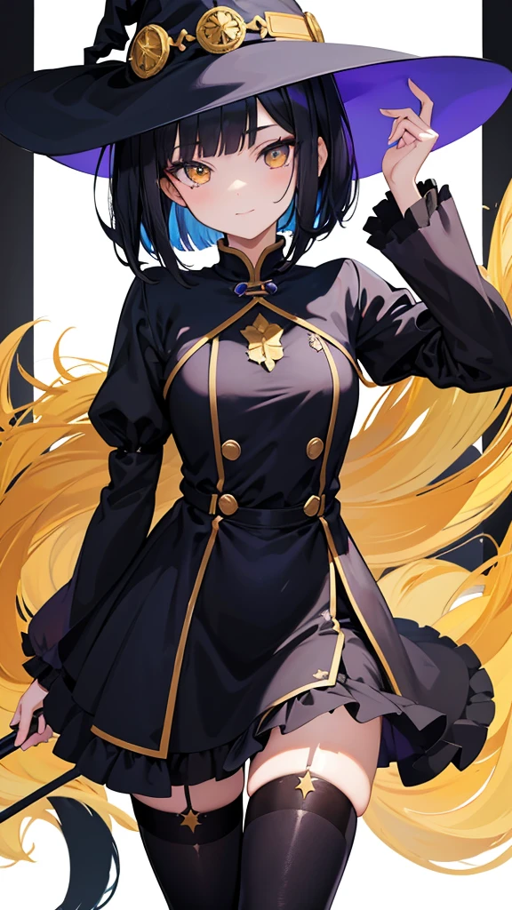 Witch's outfit, Anime-style portrait of a -agerrl with a deep violet bob cut, (Golden eyes), bright eyes, baby-fa eye contact with the camera, subtle smile, minimalistic background to emphasize character, high contrast, clean lines, digital painting, vivid colors