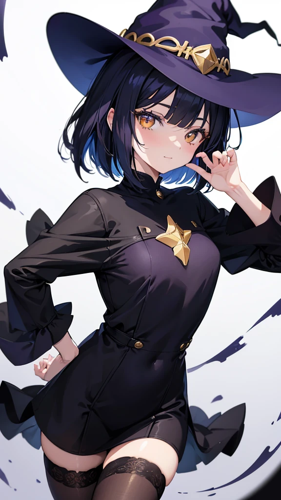 Witch's outfit, Anime-style portrait of a teen-ager girl with a deep violet bob cut, (Golden eyes), bright eyes, baby-faced, eye contact with the camera, subtle smile, minimalistic background to emphasize character, high contrast, clean lines, digital painting, vivid colors