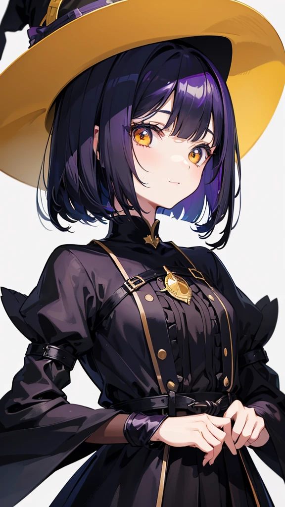 Witch's outfit, Anime-style portrait of a -agerrl with a deep violet bob cut, (Golden eyes), bright eyes, baby-fa eye contact with the camera, subtle smile, minimalistic background to emphasize character, high contrast, clean lines, digital painting, vivid colors