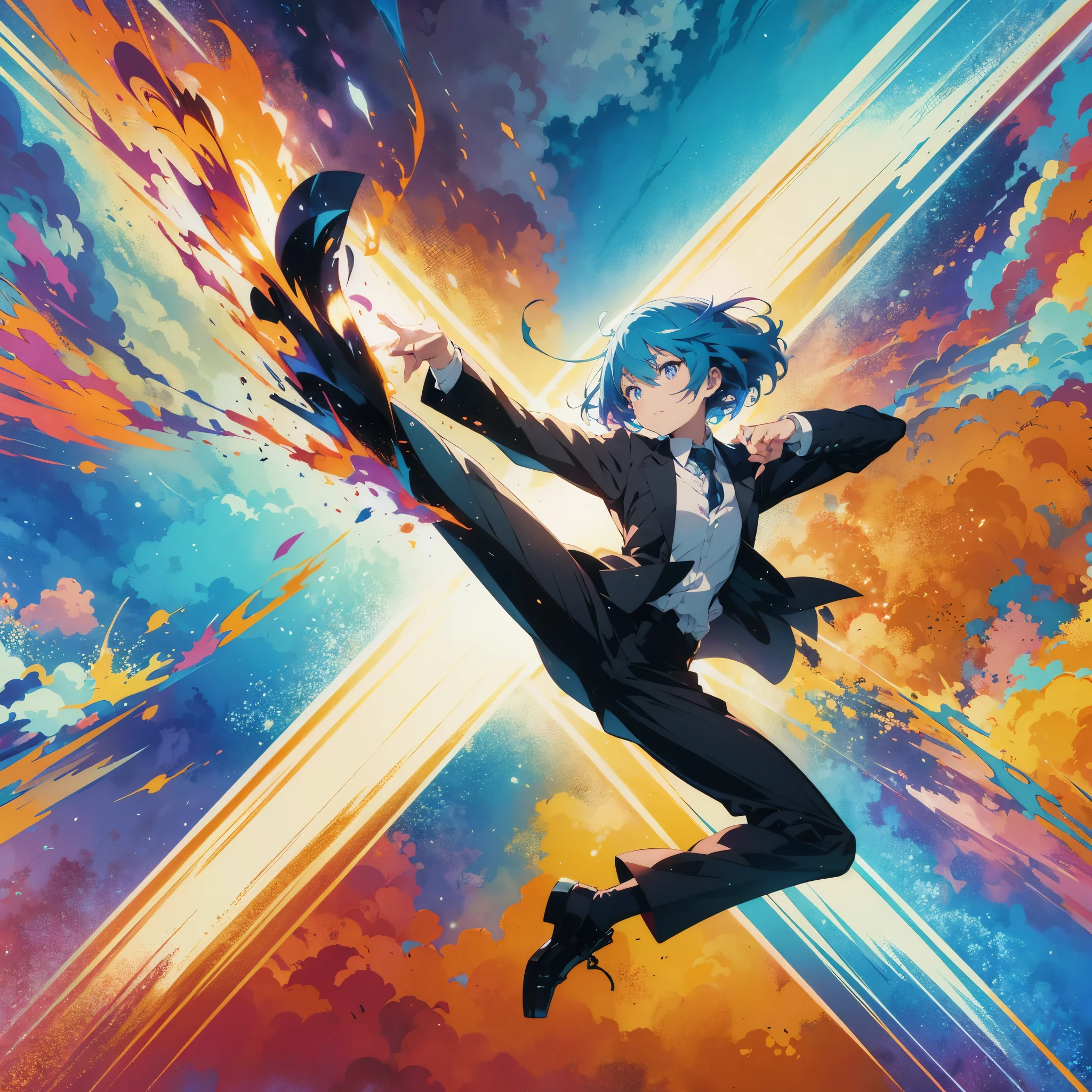 Anime character in a suit kicking fire on a colorful background, anime style 4k, terrible anime 8k, ufotable art style, Killian Eng&#39;s vibrant colors, Anime Land of the Lustrous, anime art wallpaper 8k, just a joke, anime art wallpaper 4k, anime art wallpaper 4k, anime style digital art, Killian Eng&#39;s vibrant colors