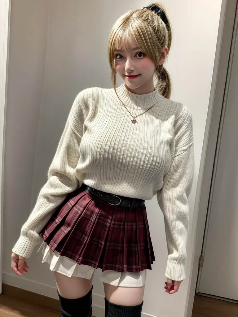 Super high quality, super high definition, super detailed, masterpiece, 20 years old, female, cute, nice body, perfect face, beautiful, white knit sweater, winter clothes, pleated skirt, red and black checked skirt, long skirt,necklace, bracelet, knee-high socks, boots, double eyelids, tear bags, fingers. Detailed, photo-like description, big breasts,indoors, dim indoor lighting, blonde hair, pony tail,standing, whole body, composition that shows the whole body, smiling,