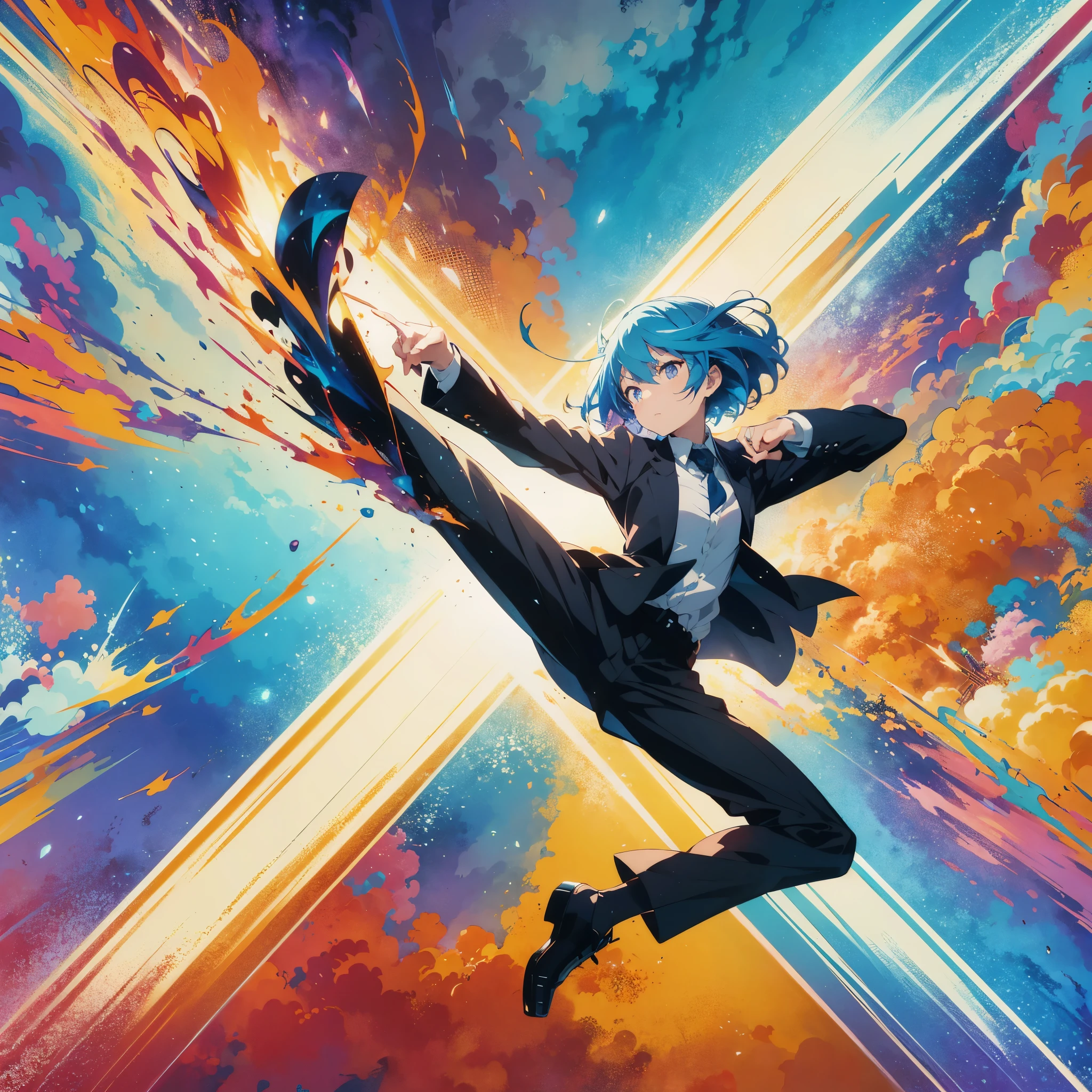 Anime character in a suit kicking fire on a colorful background, anime style 4k, terrible anime 8k, ufotable art style, Killian Eng's vibrant colors, Anime Land of the Lustrous, anime art wallpaper 8k, just a joke, anime art wallpaper 4k, anime art wallpaper 4k, anime style digital art, Killian Eng's vibrant colors