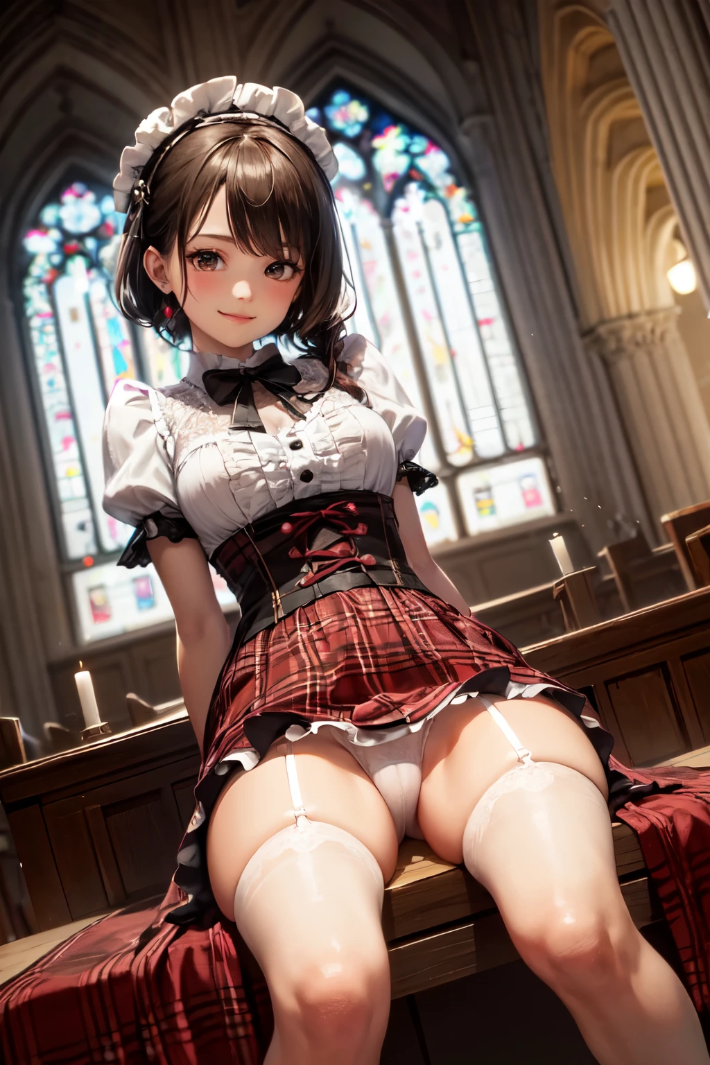 very cute and beautiful girl,(highly detailed beautiful face), (smile),blush,black hair,looking at viewer,(elegant brown plaid lolita dress with detailed frills),detailed lace, sitting,spread legs,arms behind back,(laced white panties), altar,church,indoors, (best quality,masterpiece:1.0),absurdres,highres,ultra-detailed,extremely detailed,32k,8k resolution, intricate details,cinematic scene,detailed background,solo,dynamic angle,